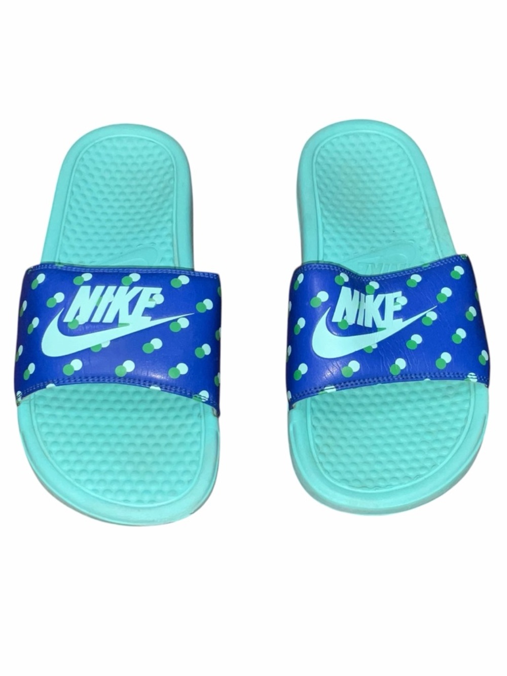 Nike Benassi Slides Blue Green Polka Dot Women’s Size 8 Sandals